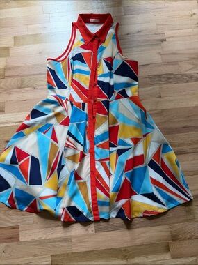 Sleeveless Geometric Midi Dress with Red Trim